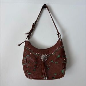 Vintage American West Genuine Leather Hand Tooled Brown & Turquoise Hobo Bag